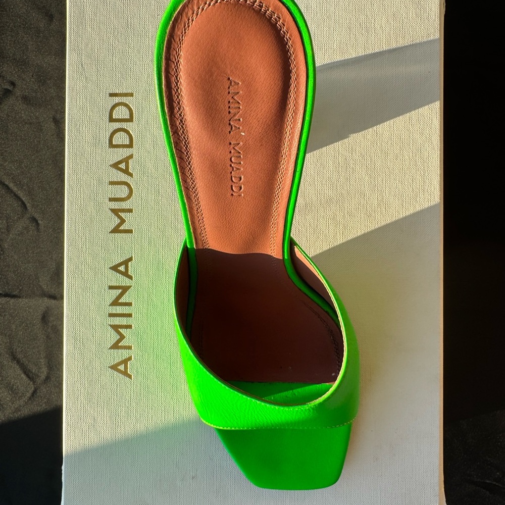 Amina Muaddi Neon Green Heels - Picture 7 of 11